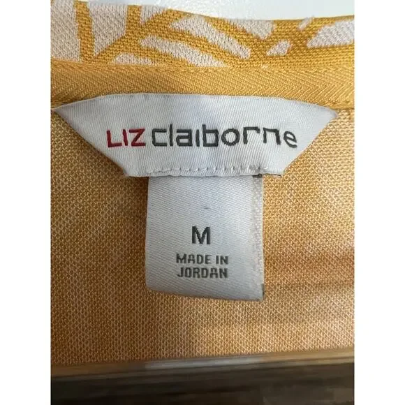 Liz Claiborne Size Medium Yellow White Leaf Pattern Short Sleeve Blouse - Picture 5 of 9